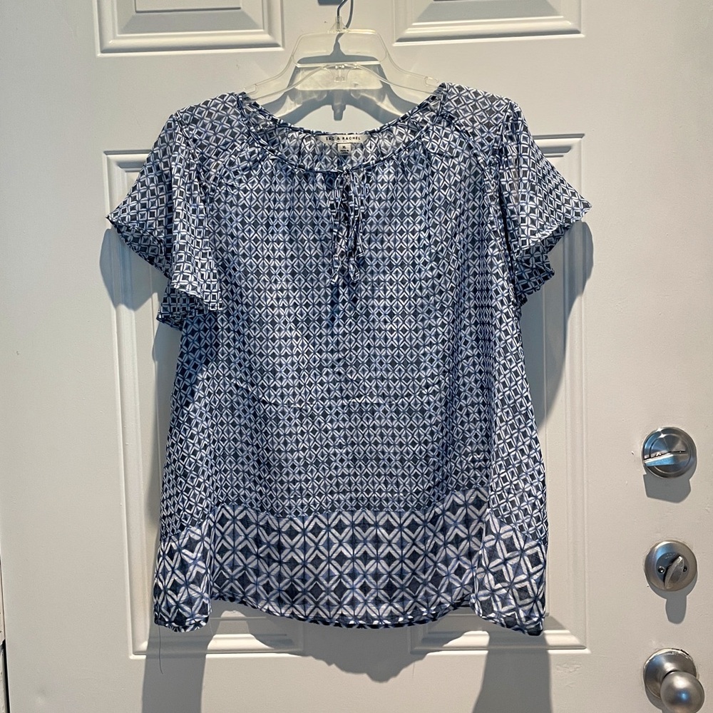 Zac & Rachel Geometric Flowy Boho Short Sleeve Top Size XL Blue White Light